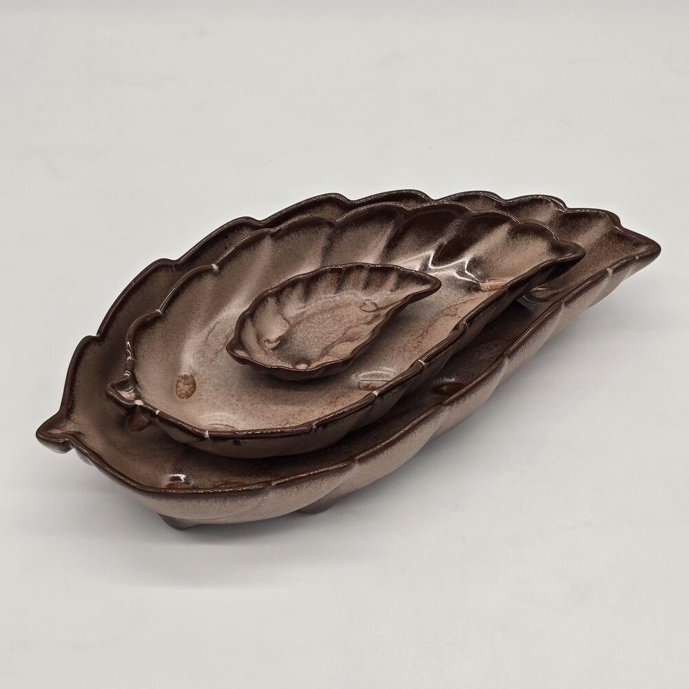 Vintage Frankoma Pottery Set of 3 Willow Leaf Dishes Brown Glaze 226 225 512